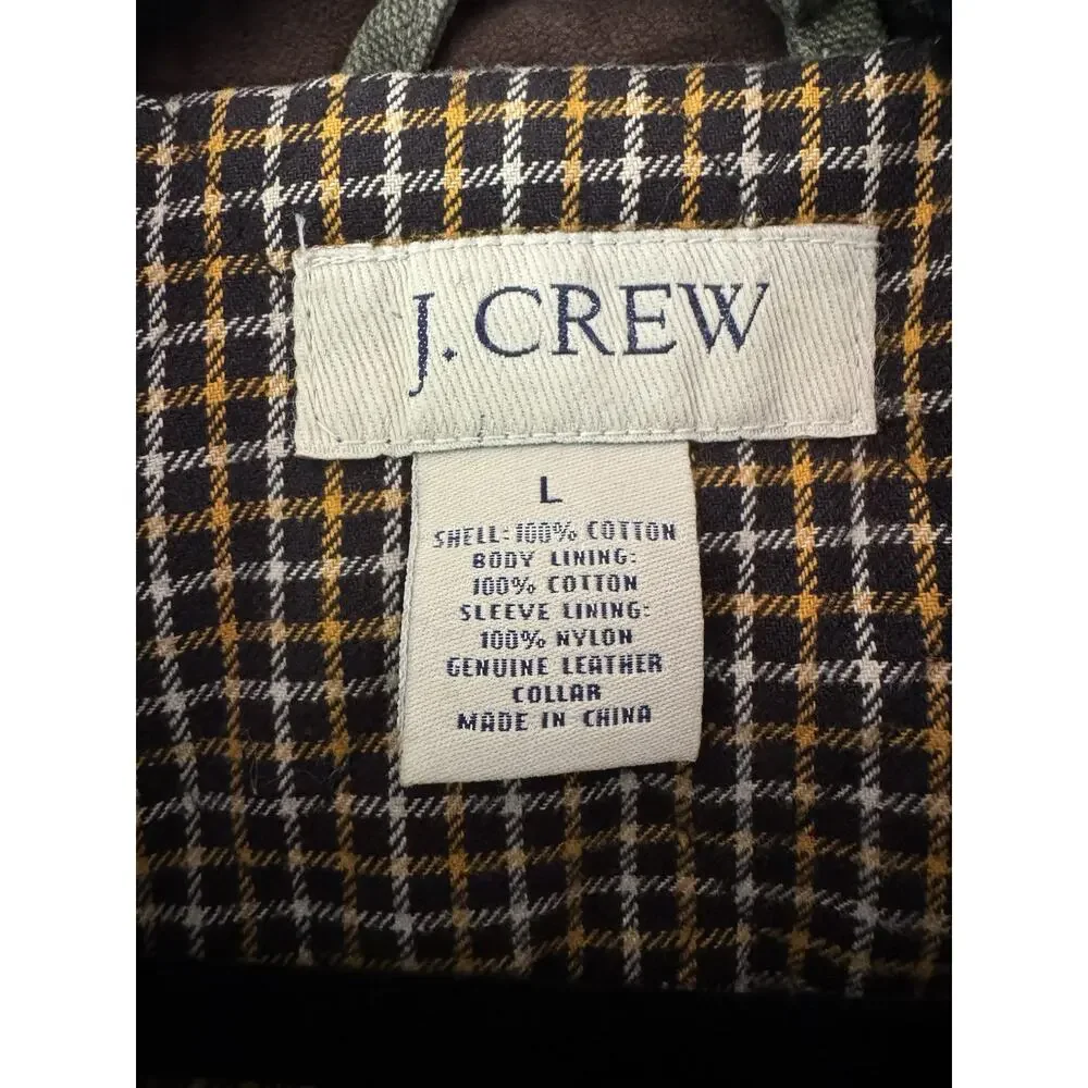 J. CREW Canvas Utility Chore Barn Coat Mens Large Olive Green Leather Collar